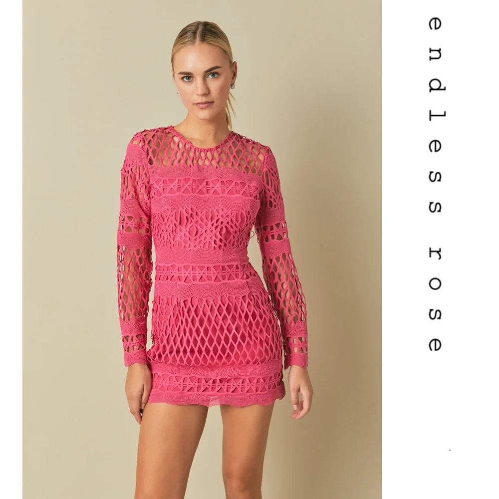 Endless Rose - Long Sleeve Crochet Mini Dress - Fuchsia - Picture 5 of 6